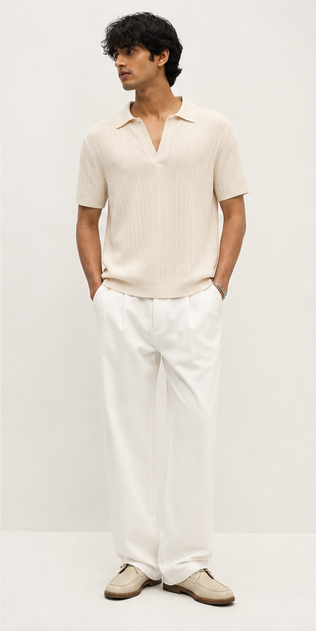 Inbox Zero Knit Polo Bone knit polo on a clean white background