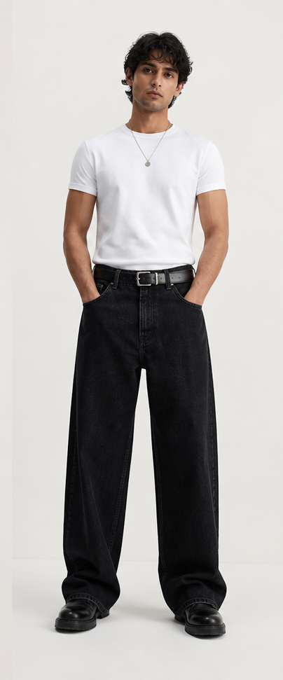 Offline Wide Denim Rinse Black jeans on a clean white background