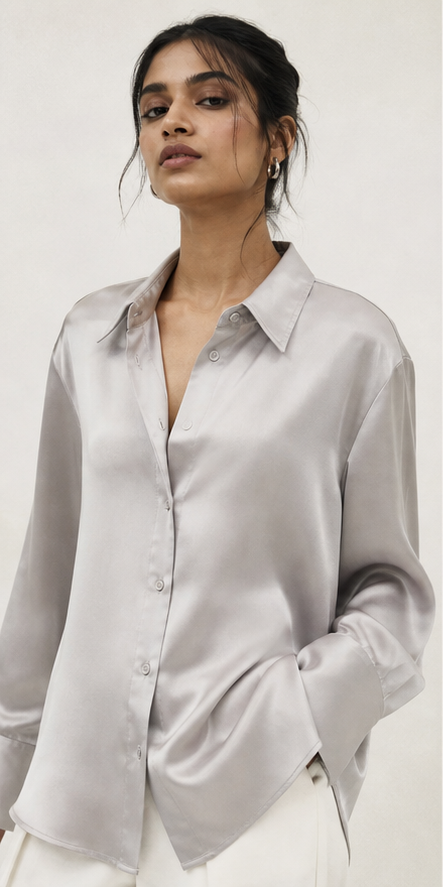 A satin shirt with shine under control.