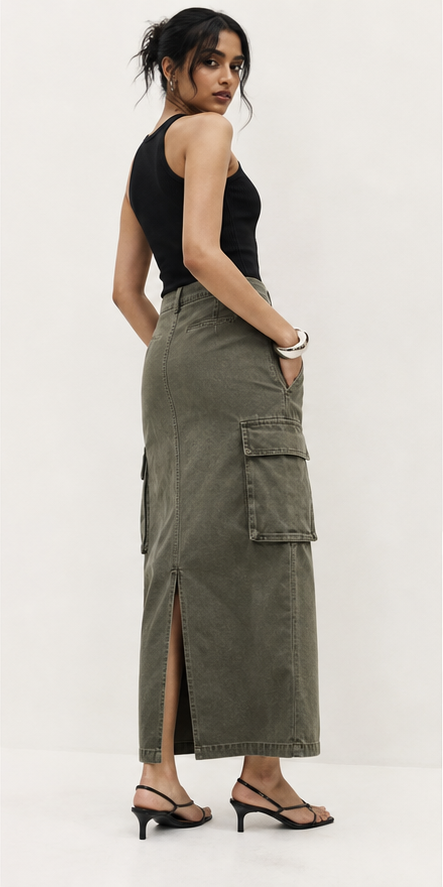 A cargo maxi skirt that keeps utility sharp, not bulky.
