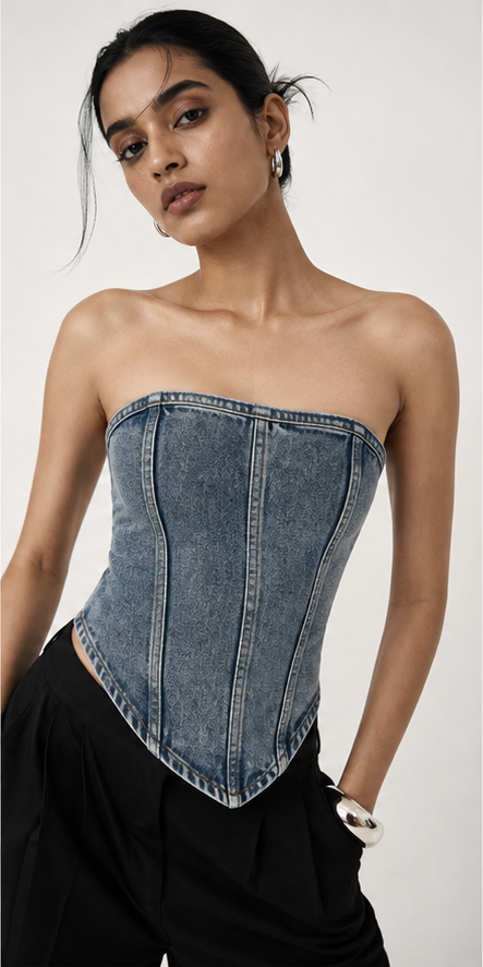 A denim corset made for clean styling and messy plans.