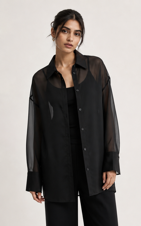 A sheer shirt with structure, not softness for softness' sake.