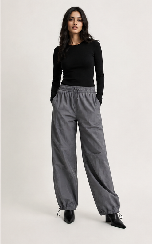 A parachute pant that lands sharp instead of sloppy.
