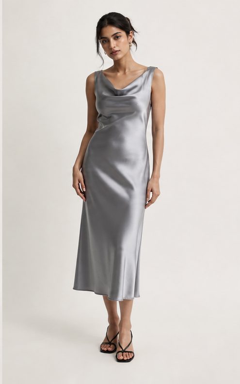 A silver slip dress that reads expensive without screaming.